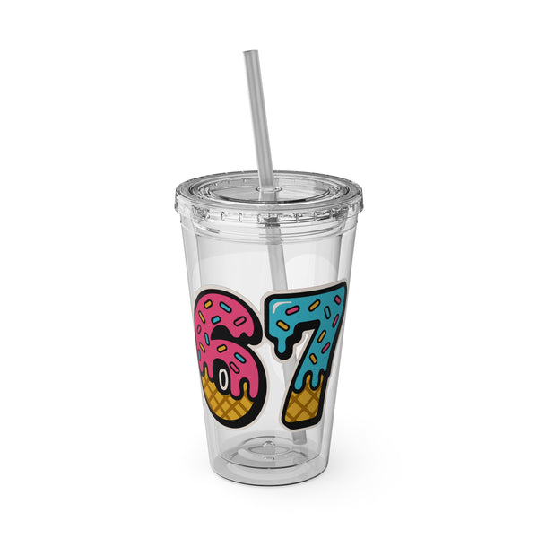 Six Seven Tumbler with Straw, Fun Drinkware - Ice Cream and Donut Design