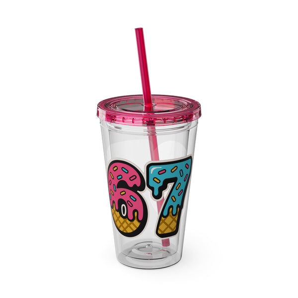 Six Seven Tumbler with Straw, Fun Drinkware - Ice Cream and Donut Design