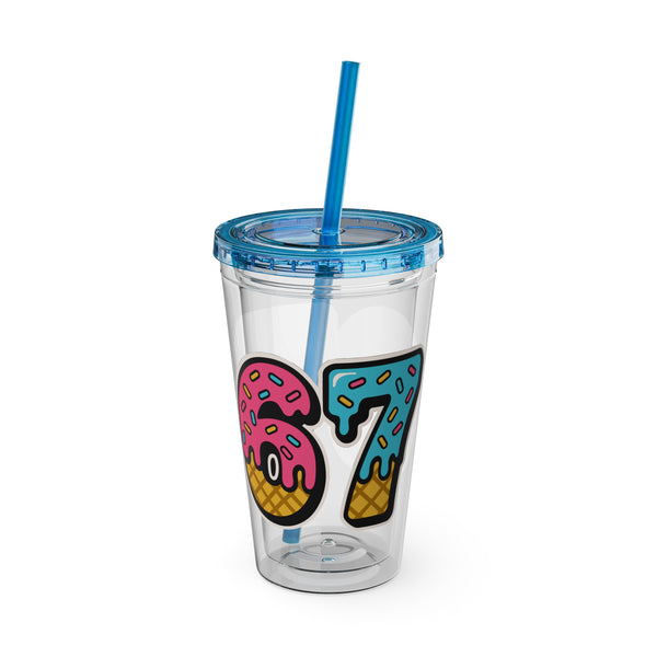 Six Seven Tumbler with Straw, Fun Drinkware - Ice Cream and Donut Design